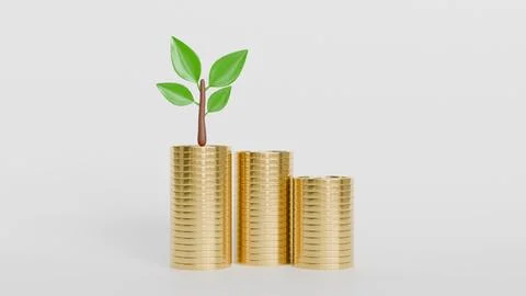 3d model of a stack of coins and a tree sprout on a white background, profi.. イラスト素材