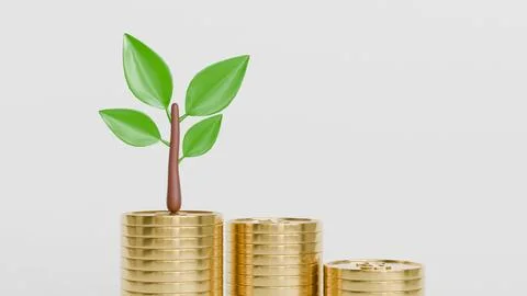 3d model of a stack of coins and a tree sprout on a white background, profi.. イラスト素材
