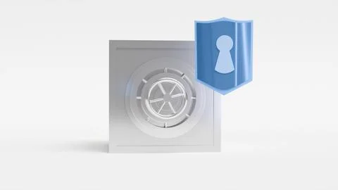 3D model of steel safe with round door and round lock and blue shield with .. Stock Illustration