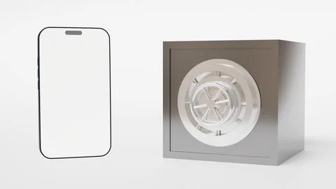 3D model of steel safe with round door and round lock and mobile phone with.. Stock Illustration