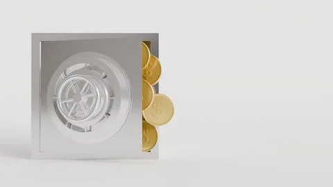 3D model of steel safe with round door and round lock and gold coins on white Stock Illustration