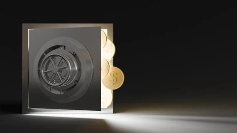 3D model of steel safe with round door and round lock and gold coins on bla.. 库存插图