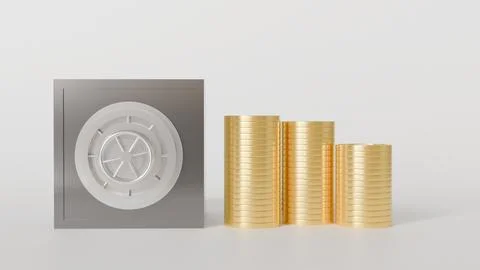 3D model of steel safe with round door and round lock and gold coins on white Stock Illustration