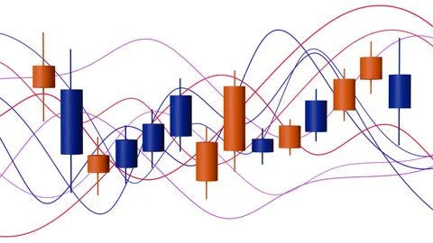 3D model of stock market chart candlestick chart and wavy lines multicolore.. Stock Illustration