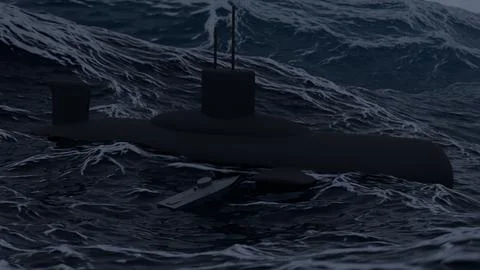 A 3D model of a submarine in a dark, stormy sea and a naval unmanned drone at 스톡 일러스트