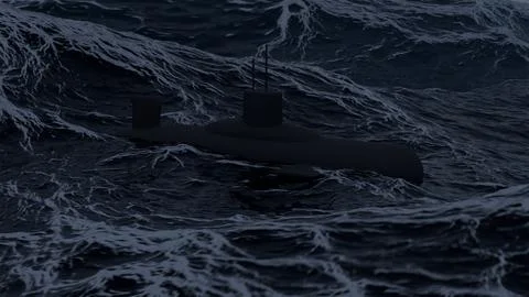 A 3D model of a submarine in a dark, stormy sea, military naval equipment o.. 스톡 일러스트