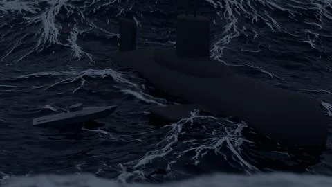 A 3D model of a submarine in a dark, stormy sea and a naval unmanned drone at 스톡 일러스트
