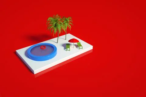 3D model of a swimming pool with a palm tree, sun loungers and an umbrella on a Stock Illustration
