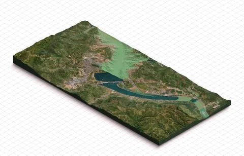 3d model of Three Gorges Dam in China. Isometric map virtual terrain 3d for.. Ilustración de archivo