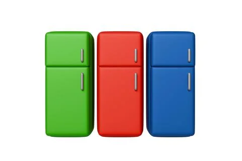3D model of three refrigerators green and red and blue on a white backgroun.. Stock Photos