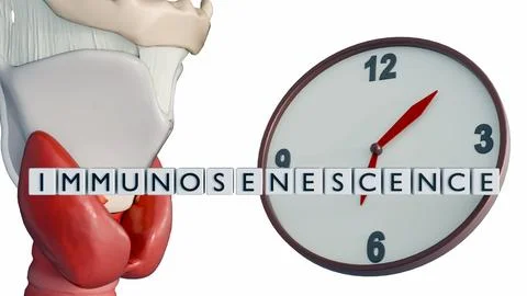 A 3D model of thymus gland, the word "IMMUNOSENESCENCE" and a classic clock Stock Illustration