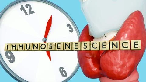 A 3D model of thymus gland, the word "IMMUNOSENESCENCE" and a classic clock Stock Illustration