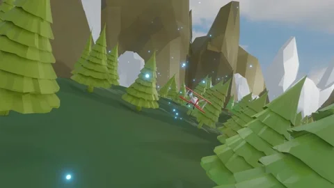 3D model of a toy biplane flying through a low poly landscape with mountains and Stock Footage 156208340