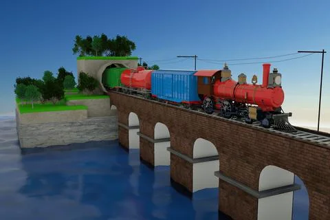 3D model of a train leaving the tunnel. Train with cars on the railway bridge Stock Illustration