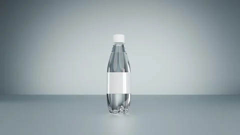 3D model of a transparent plastic bottle with water and a white label on a .. Stock Photos