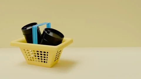 3D model of two black barrels of oil in a basket in the colors of the Ukrai.. Foto stock