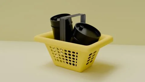 3D model of two black barrels of oil in a yellow basket from a supermarket on Stock Photos