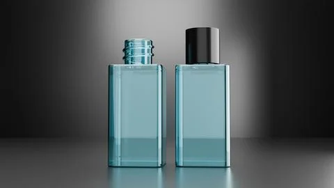 3d model of two blue perfume bottles on a black background in light Stock Photos