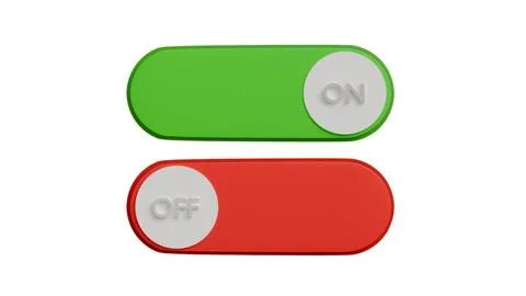 3D model of two buttons green button on and red button off on a white backg.. Stock Illustration