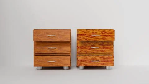 3D model of two small wooden nightstands with open drawers on a white Stock Illustration