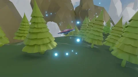 3D model of an unidentified flying object flying through trees in a low poly lan Video stock 155900551
