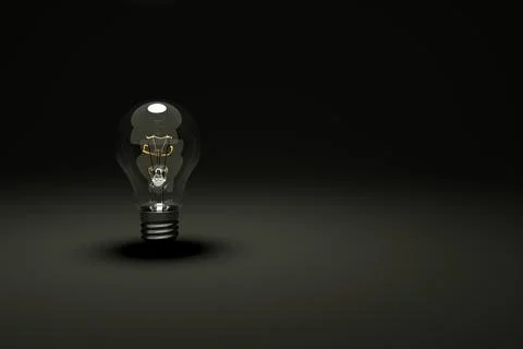 3D model of an unlit transparent light bulb on a black isolated background. Dark Stock Illustration