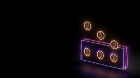 3D model of a video adapter with working coolers and flying bitcoin coins. crypt Stock Footage 189925587