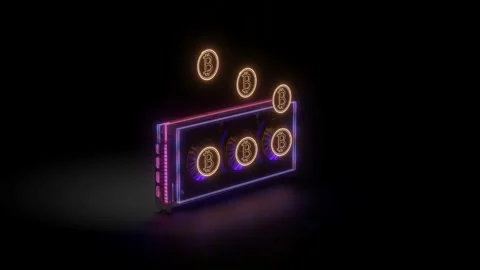 3D model of a video adapter with working coolers and flying bitcoin coins. crypt Vídeos de archivo 189925591