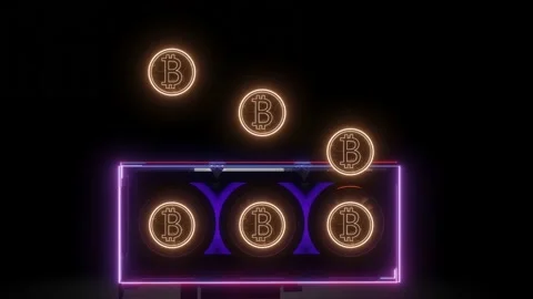 3D model of a video adapter with working coolers and flying bitcoin coins. crypt Vídeos de archivo 189925721