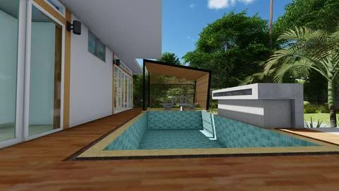 3D model villa with swimming pool and interior decoration with living room. Stock Illustration