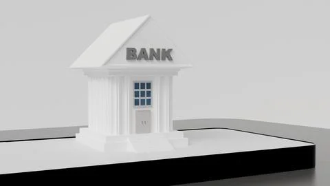 3D model of white bank building on mobile phone screen on table on white back Ilustración de archivo