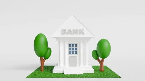 3d model of white bank building on green grass and two trees on the sides on  Ilustración de archivo