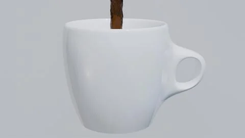 3D model of a white ceramic cup and a stream of coffee pouring into the cup o Stock Photos