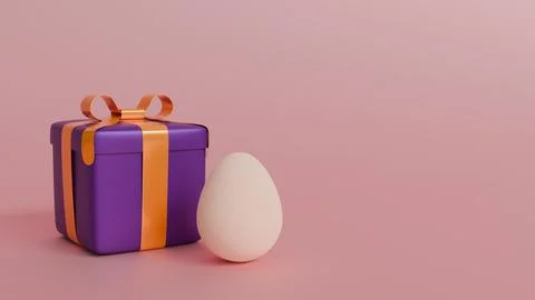 3d model of white easter egg and purple gift box with bow on pink background, Stock Illustration