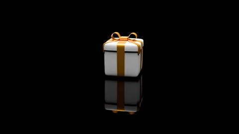 3D model of white gift box with yellow bow on black background with reflectio Stock-Fotos