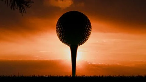 3D model of a white golf ball on a stand against the backdrop of a sunset o.. Stock Illustration