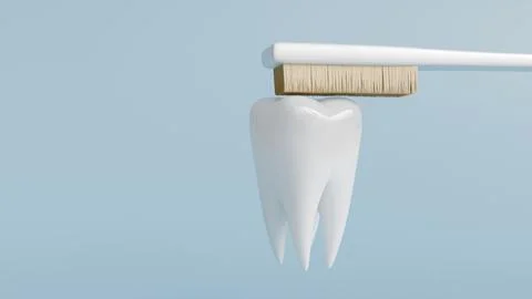 3D model of white molar and toothbrush on blue background, dentistry, teeth.. Stock Photos