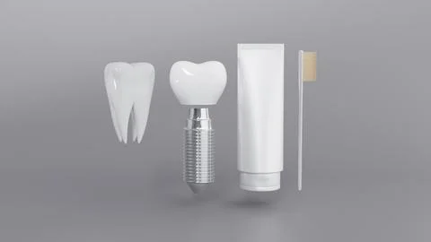 3D model of white molar tooth and white tube of toothpaste and toothbrush a.. Stock Illustration