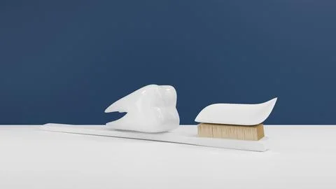 3D model of white molar tooth and toothbrush with paste lie on white table .. Stockillustratie