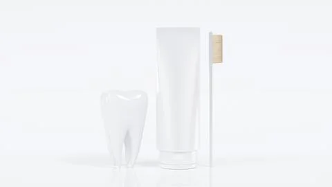 3D model of white molar tooth and white tube of toothpaste and toothbrush o.. Stock Photos