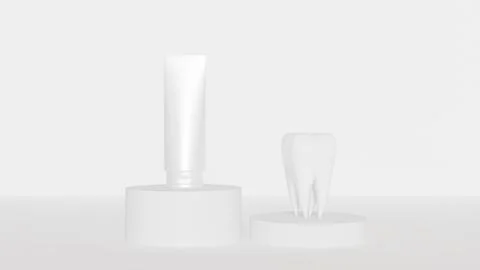 3D model of white molar tooth and white tube of toothpaste on pedestal on w.. Stock Photos