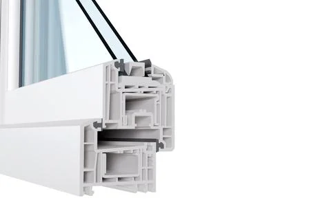 3D model of a window profile in section with glass on a white background, w.. Stock Photos
