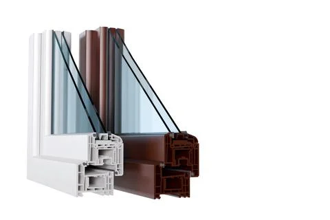 3D model of window profiles in section with white and brown color with glas.. Stock Illustration