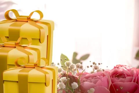 3D model of yellow boxes with a yellow bow on the background of a bouquet of  Stock Photos