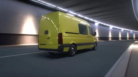 3d model Yellow Delivery Van Driving Through Modern Highway Tunnel. Video stock 335967014