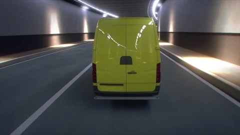 3d model Yellow Delivery Van Driving Through Modern Highway Tunnel. Stock Footage 335967018