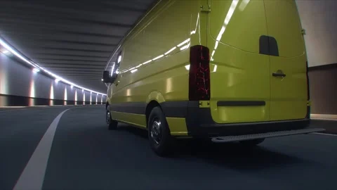 3d model Yellow Delivery Van Driving Through Modern Highway Tunnel. Stock Footage 335967019