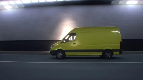 3d model Yellow Delivery Van Driving Through Modern Highway Tunnel. Stock Footage 335967023