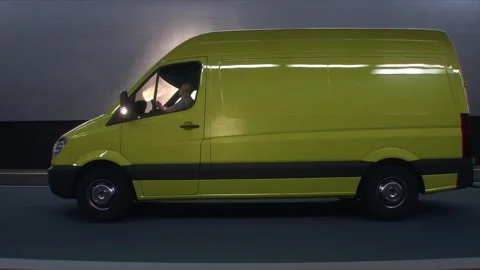 3d model Yellow Delivery Van Driving Through Modern Highway Tunnel. Stock Footage 335967025
