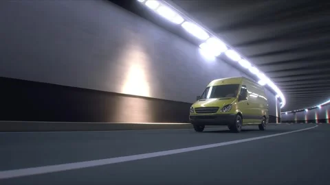 3d model Yellow Delivery Van Driving Through Modern Highway Tunnel. Stock Footage 335967027